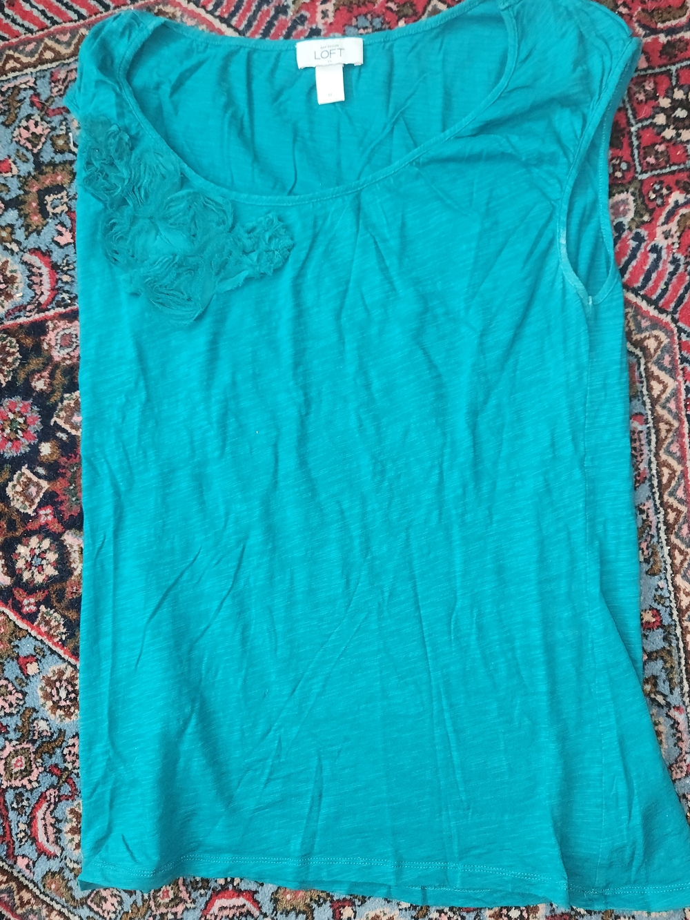 LOFT Women’s Teal Scoop Neck Tank with Rosette Accent